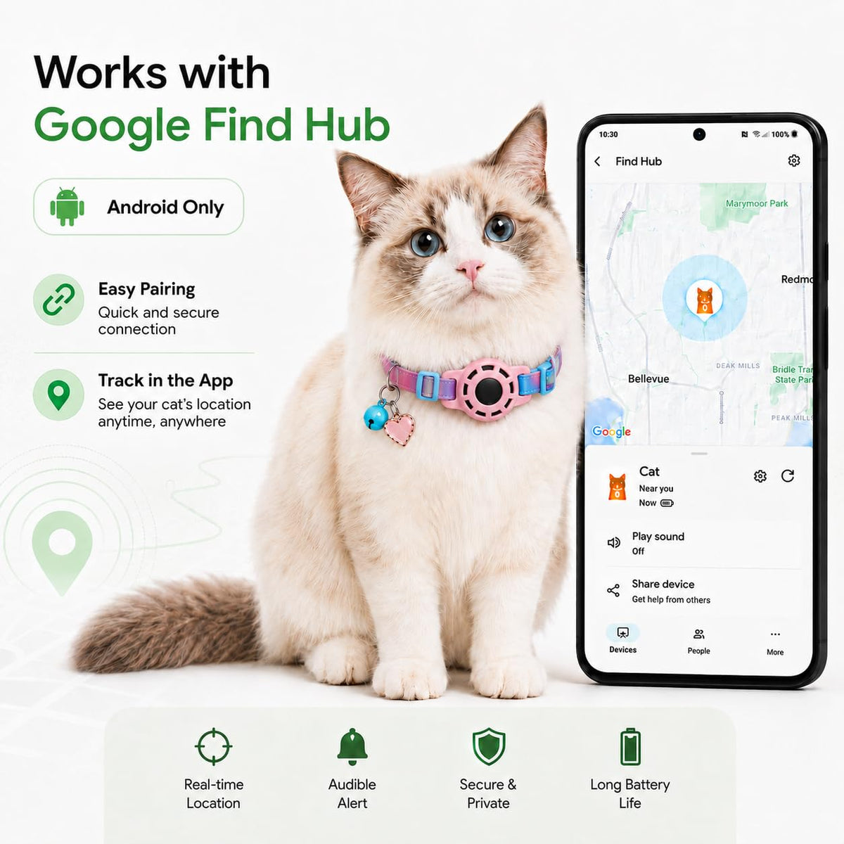 Android GPS Cat Tracker Collar with Google Find Hub